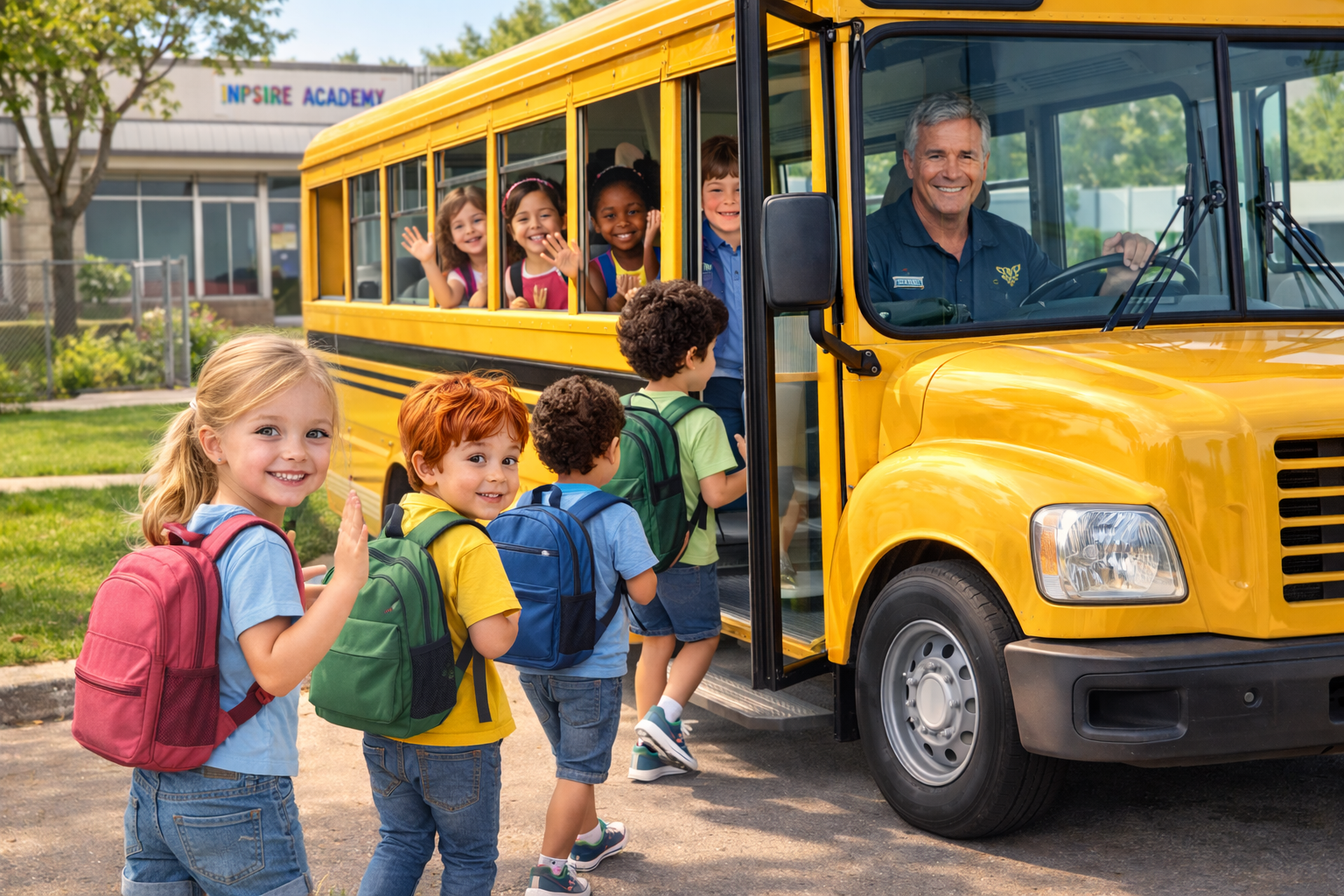 Children boarding Inspire Academy transport bus